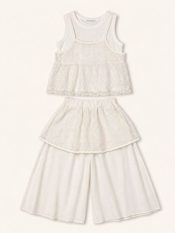 Ivory girls’ three-piece set with sleeveless top, floral lace overlay and wide-leg culottes