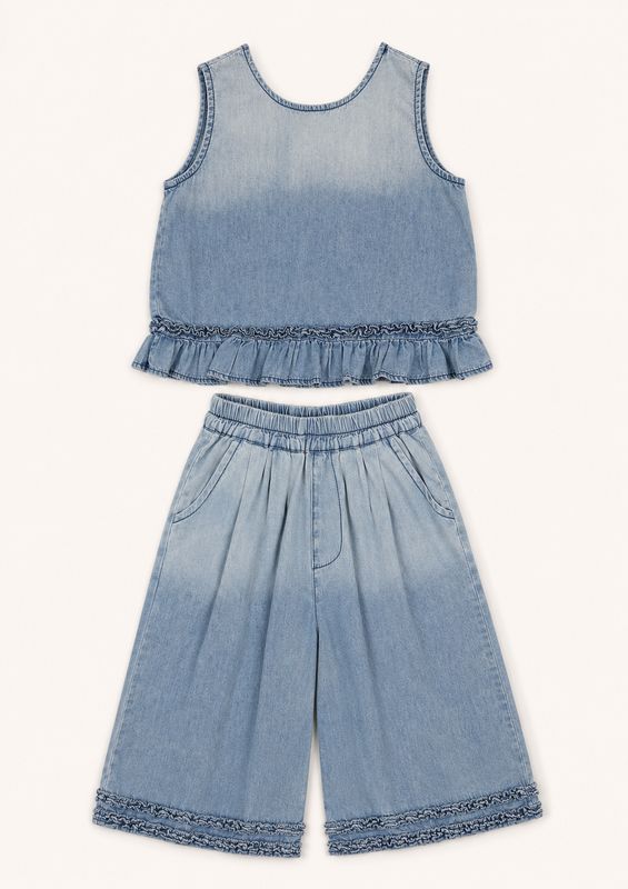 Washed light-blue girls’ denim set with sleeveless ruffle-hem top and wide-leg culottes