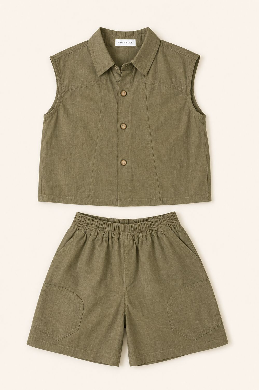 The Vale Set, an olive sleeveless shirt and shorts set for baby boys and toddlers