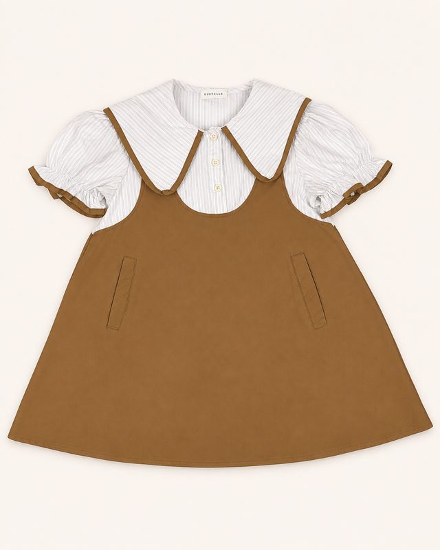 Chestnut A-line sailor dress with pinstriped sleeves, cream buttons and front pockets