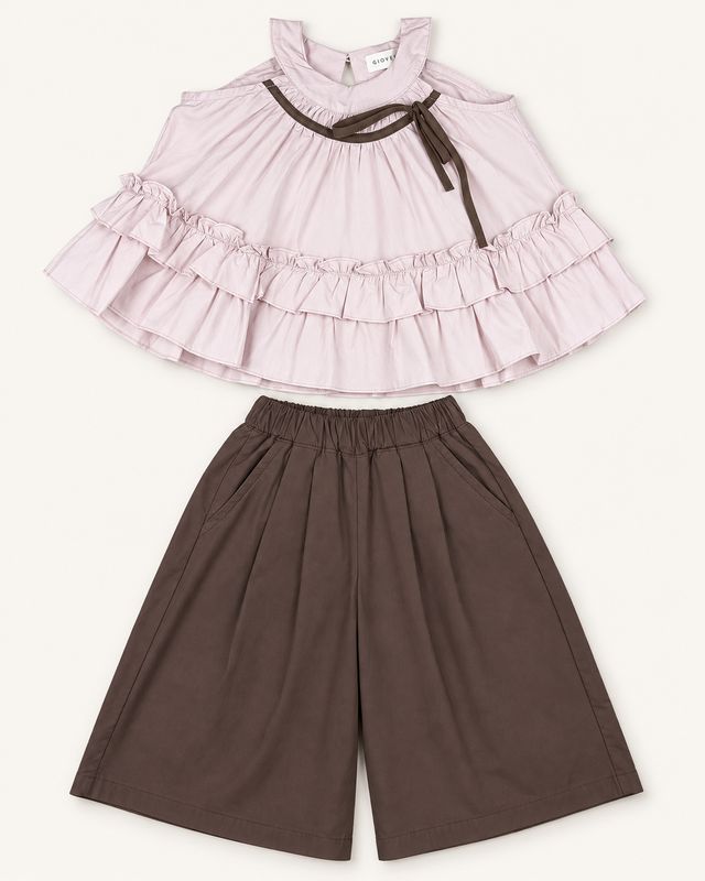 Pale lilac ruffle top with cocoa ribbon bow and coordinating wide-leg trousers, front view.