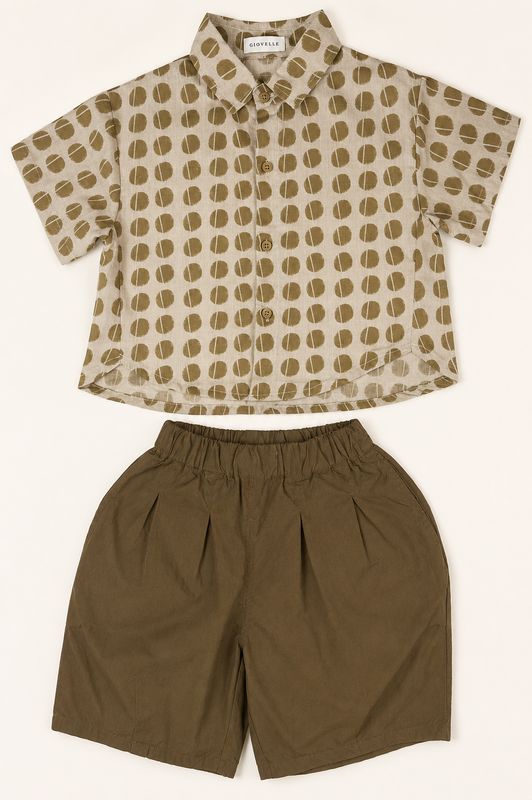 Stone and olive two-piece set front view with printed collared shirt.
