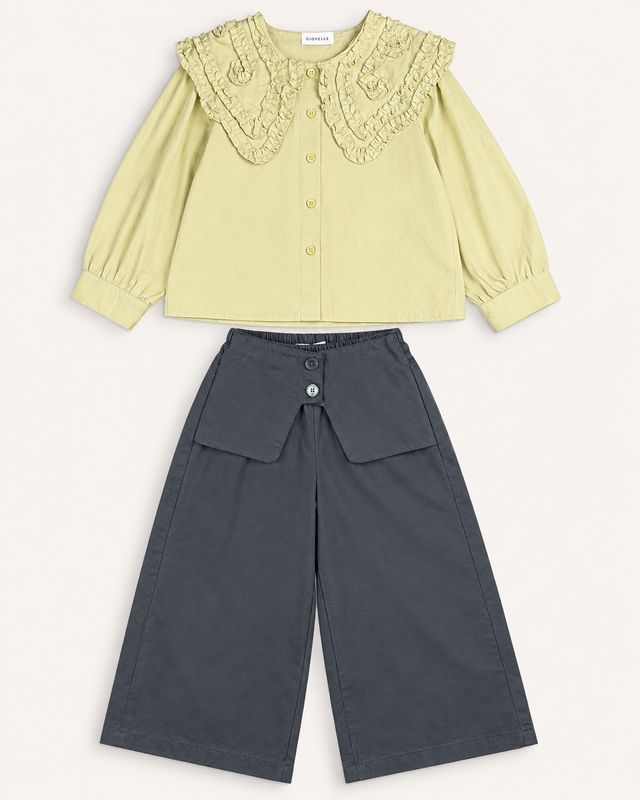 Linden-green blouse and charcoal wide-leg trousers two-piece set front view