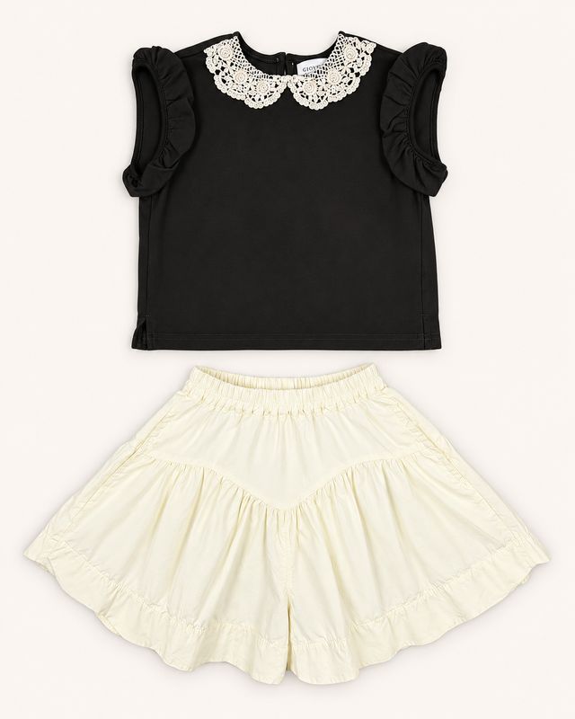 Deep olive lace-collar top and ivory flared shorts set front view.