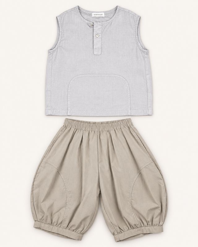 Silver-grey sleeveless top and stone balloon trousers two-piece set front view.