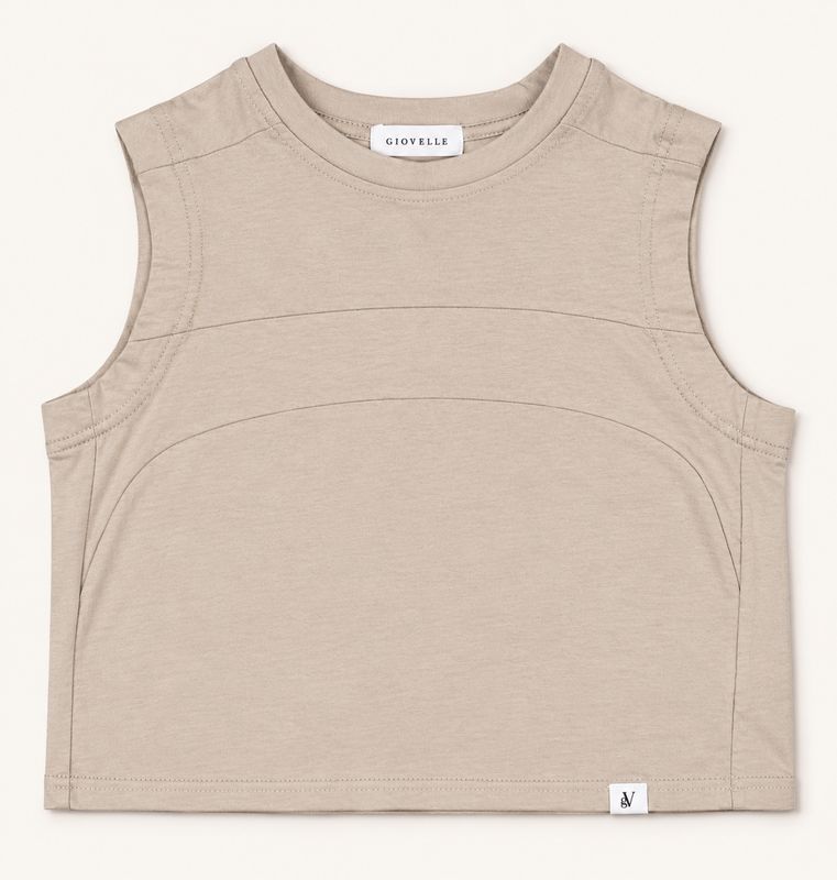 Warm greige sleeveless top front view with ribbed neckline and sculpted seams