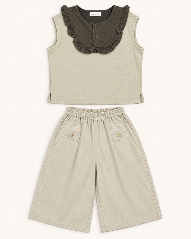 Front view of girls’ stone and olive two-piece set with sleeveless ruffle-collar top and wide-leg culottes.