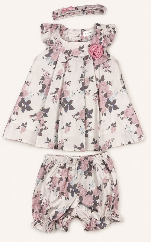 Ivory and dusty rose floral baby set front view with matching bow headband.
