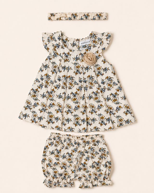 Ivory floral baby set front view with flutter dress, bloomers and bow headband