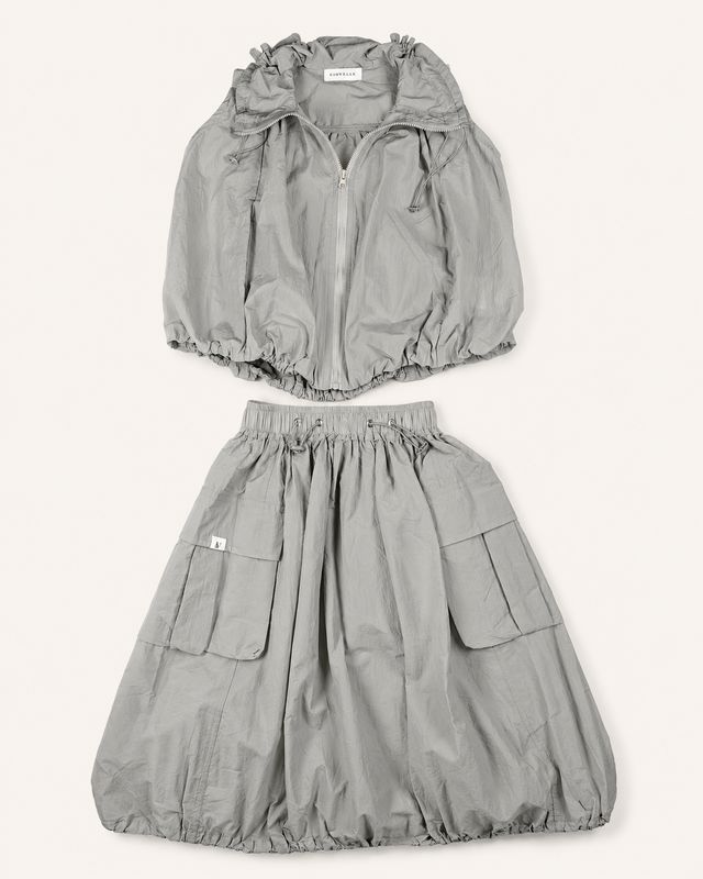 Mineral grey hooded zip top and bubble skirt set with oversized cargo pockets.