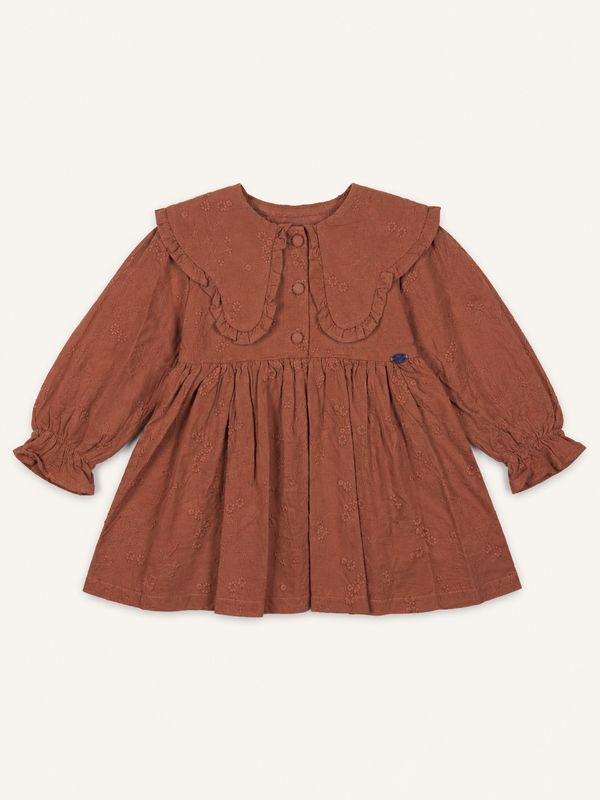 Terracotta brown embroidered baby dress front view with oversized ruffled collar and gathered skirt.