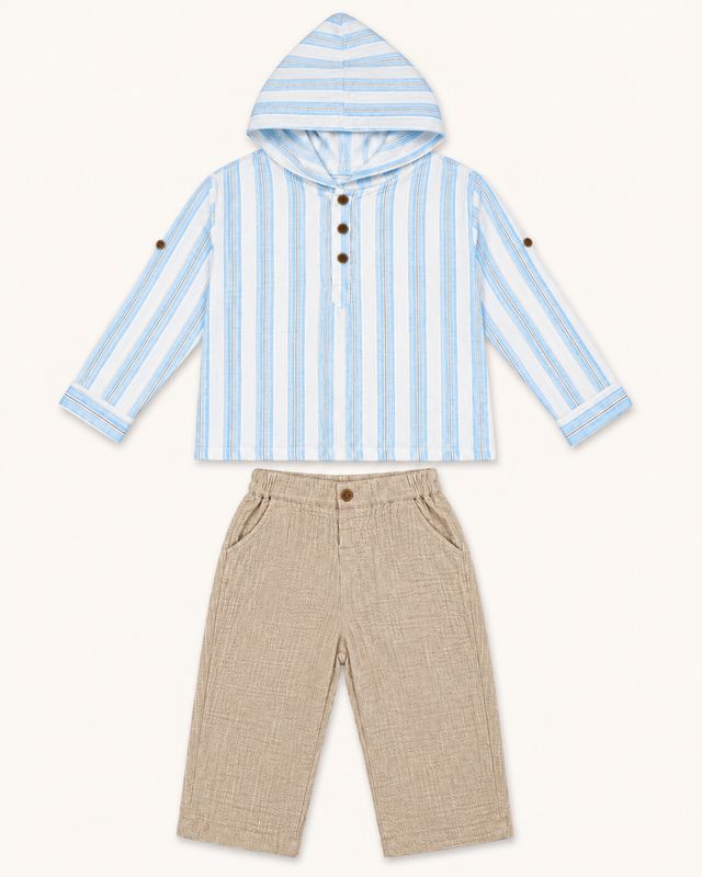 Pale blue striped hooded top and beige trousers two-piece set front view