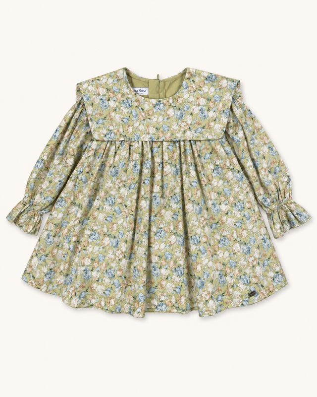 Sage floral cotton dress front view with gathered skirt and long sleeves.