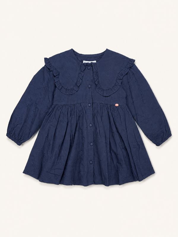 Deep navy embroidered girls’ dress front view with rounded collar and covered buttons.