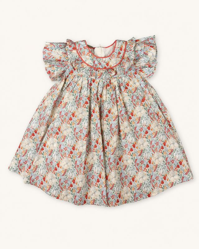 Floral baby dress front view with coral piping, ruffled yoke and flutter sleeves.