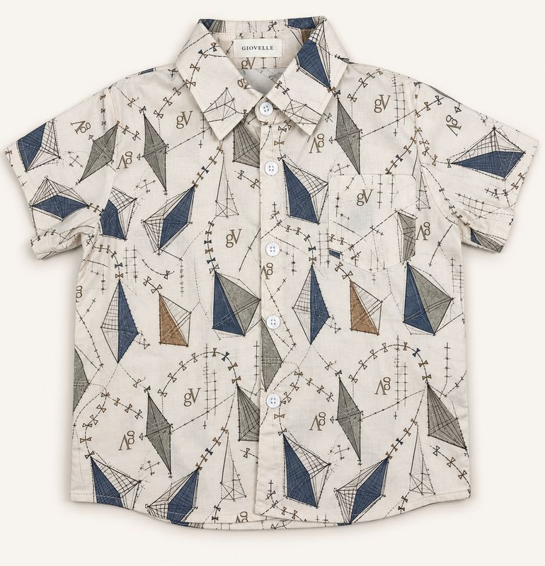 Warm cream printed cotton shirt front view with point collar and chest pocket.