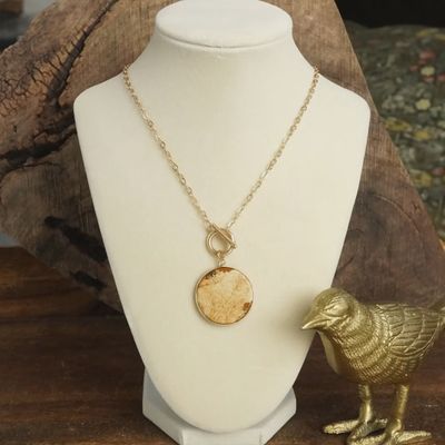 PENNY LINE SEMI-PRECIOUS DISC PENDANT FRONT TOGGLE CHAIN NECKLACE BROWN