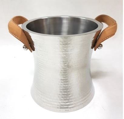 Stainless Steel Hammered Ice Bucket with Leather Handles - Silver
