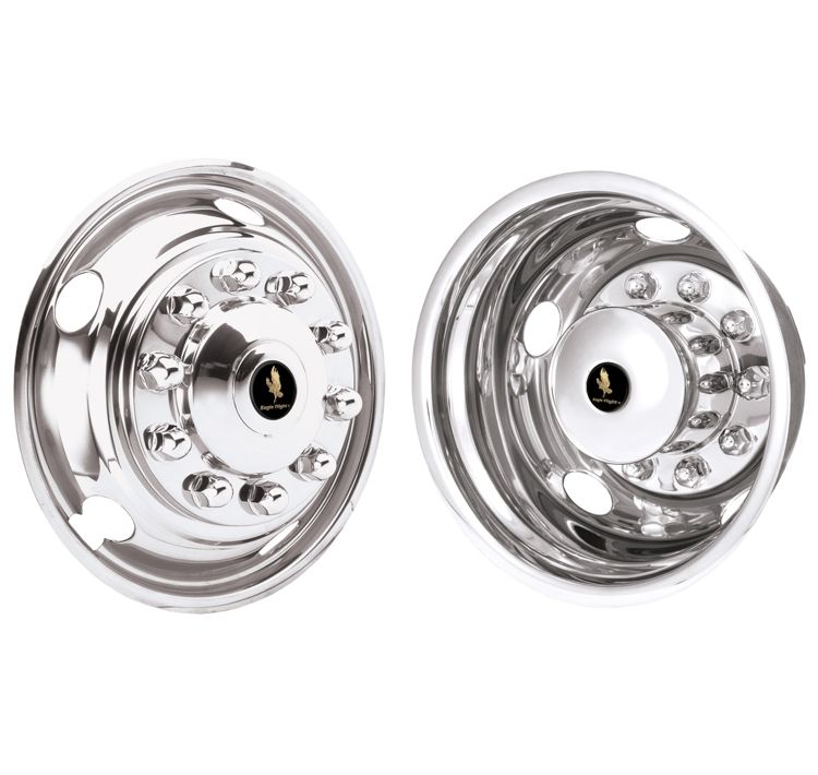 19.5" X 7.5 10 LUG 5 HAND HOLE POLISHED STAINLESS WHEEL SIMULATORS - SET OF 4