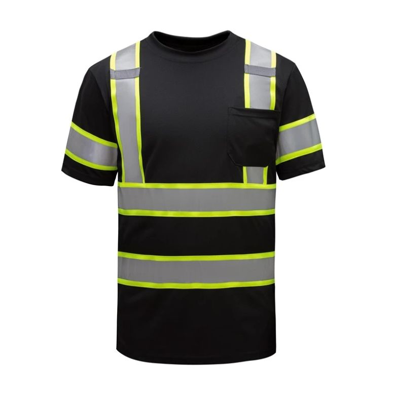 Black Two-Tone Short Sleeve T-Shirt w/ Chest Pocket, Size: L