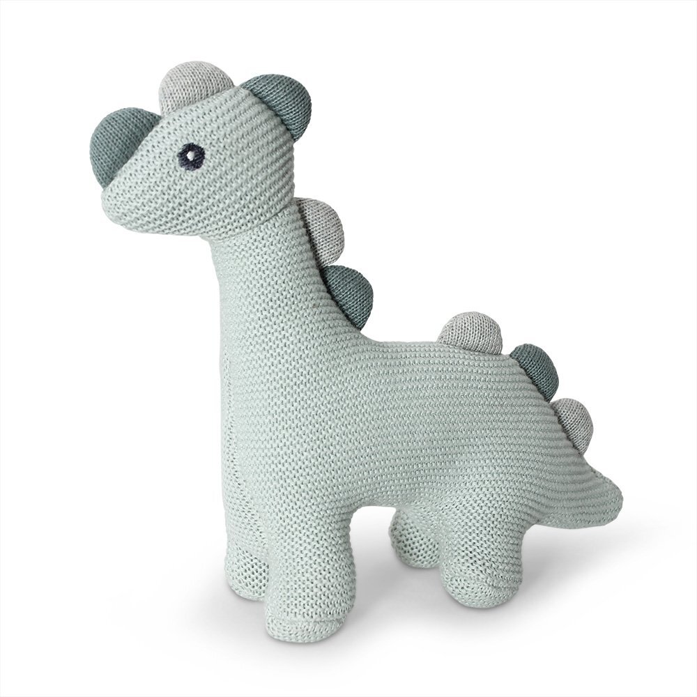 Baby Dino Rattle Toy - Soft Cotton Knitted Dinosaur with Gentle Rattle Sound