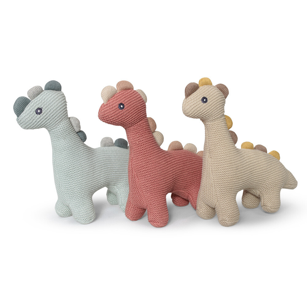 Baby Dino Rattle Toy - Soft Cotton Knitted Dinosaur with Gentle Rattle Sound