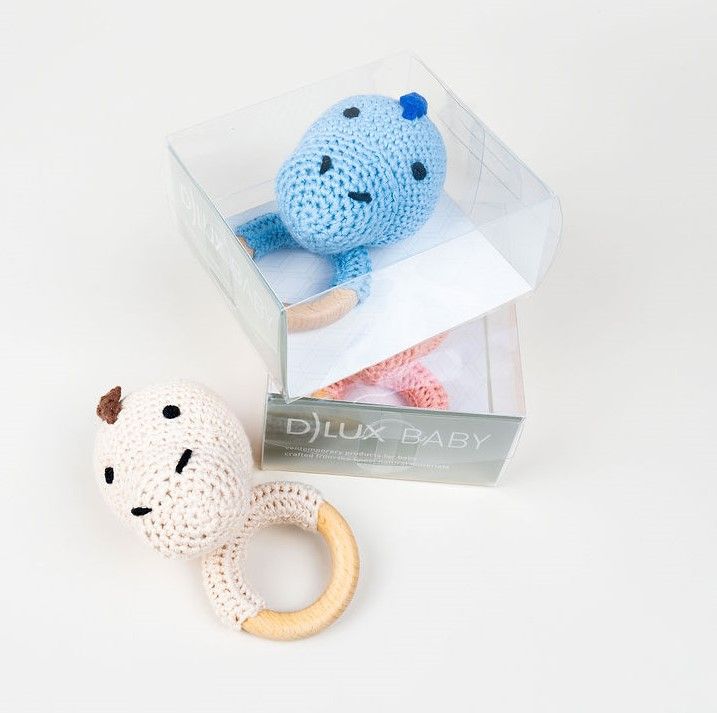 Dinosaur Baby Teether Rattle - Handmade Cotton and Beech Wood Teething Toy