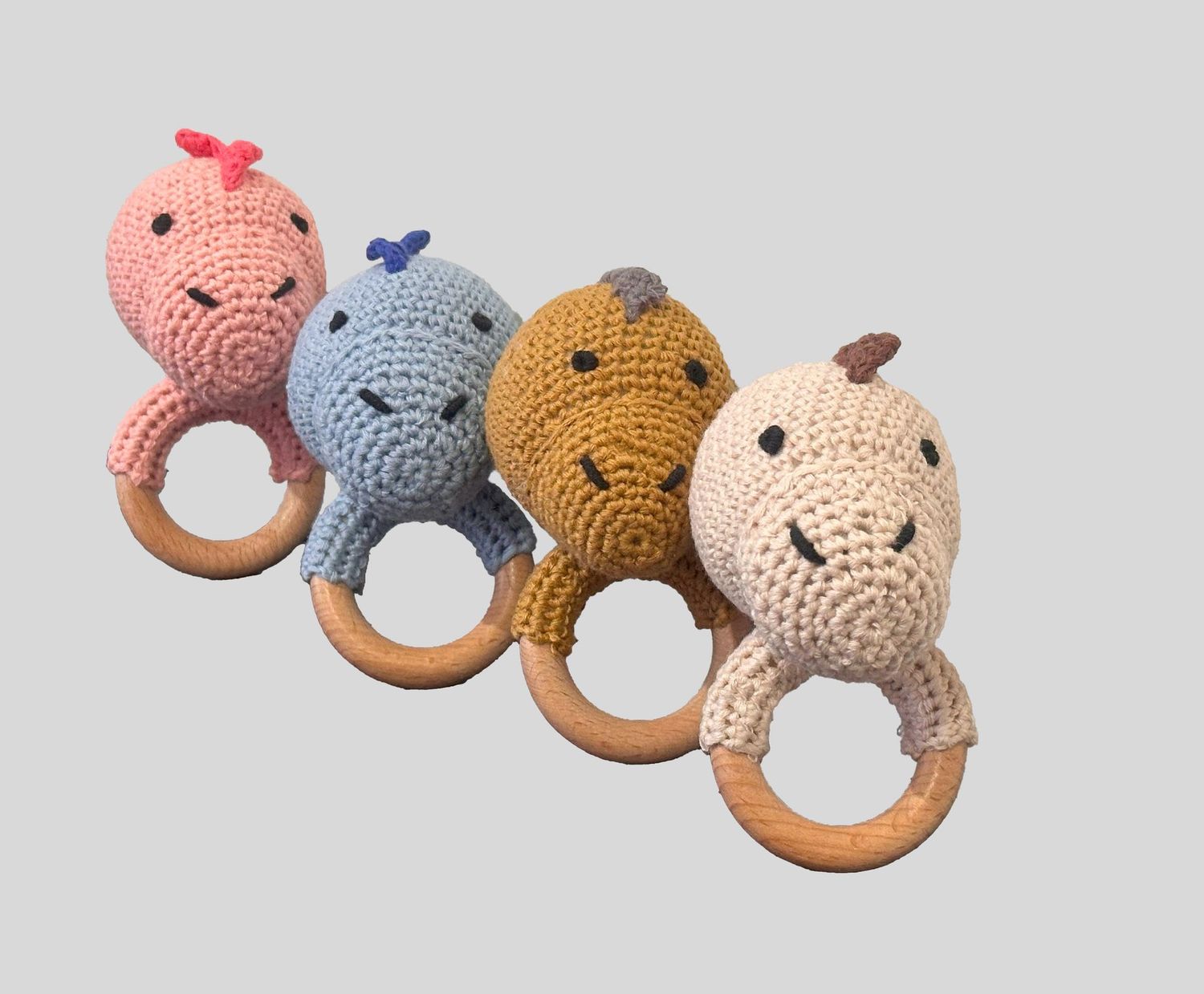 Dinosaur Baby Teether Rattle - Handmade Cotton and Beech Wood Teething Toy