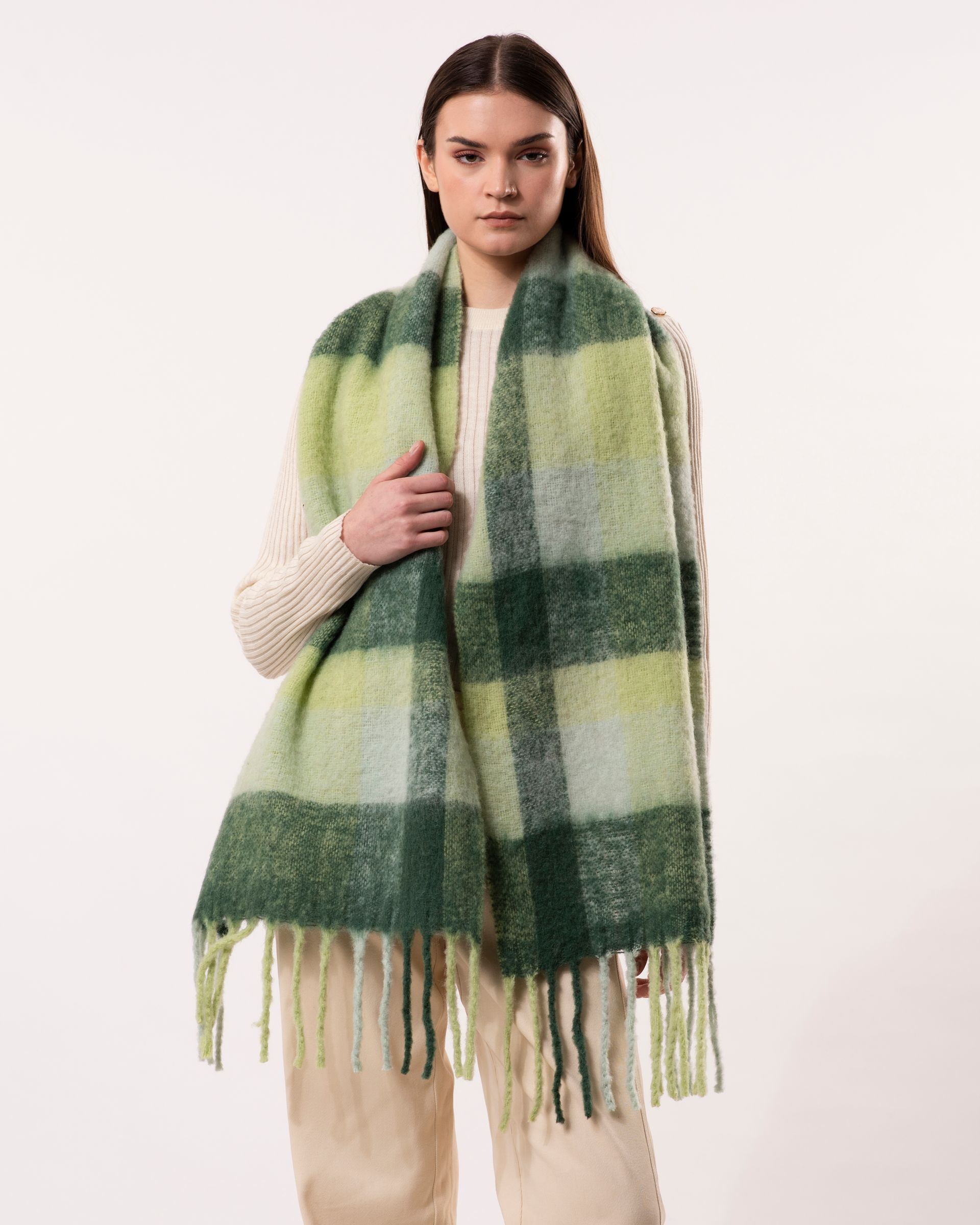 Lumi Woven Plaid Pattern Chunky Wool Mohair Scarf