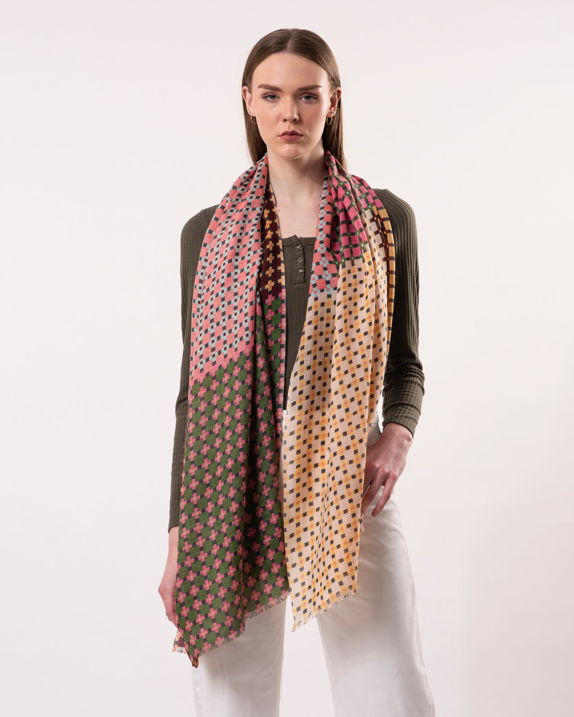 Pixel Micro-check Print Wool Modal Scarf