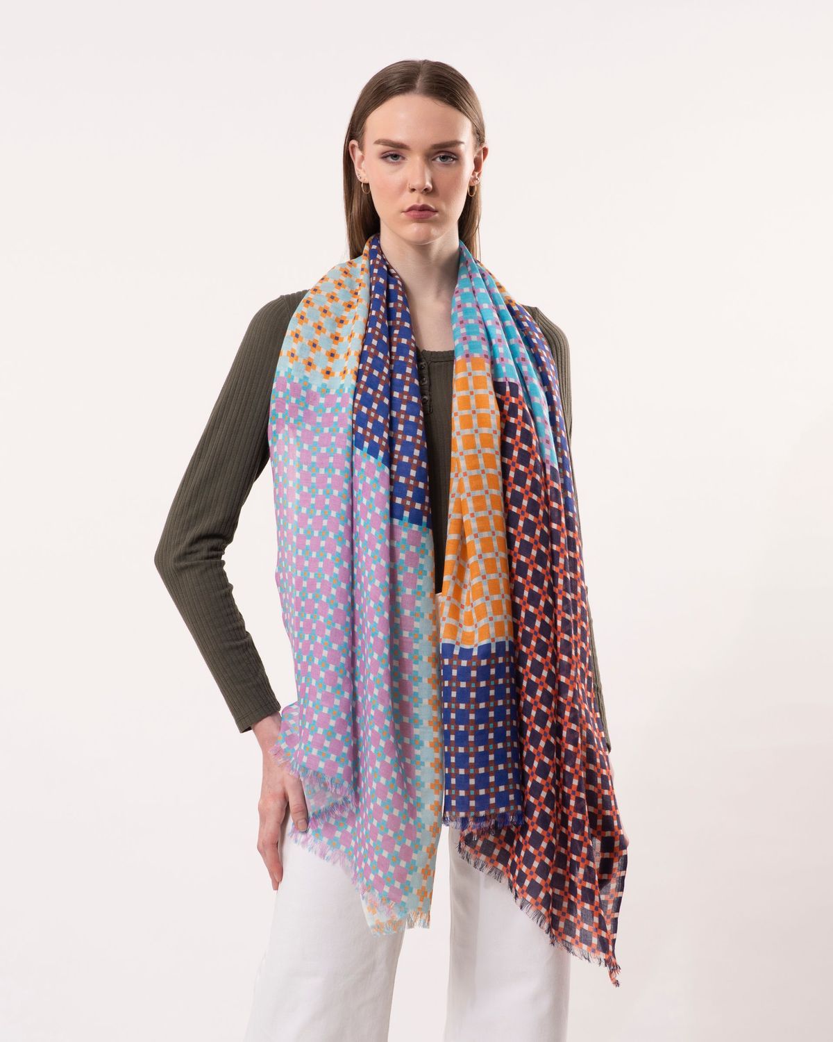 Pixel Micro-check Print Wool Modal Scarf