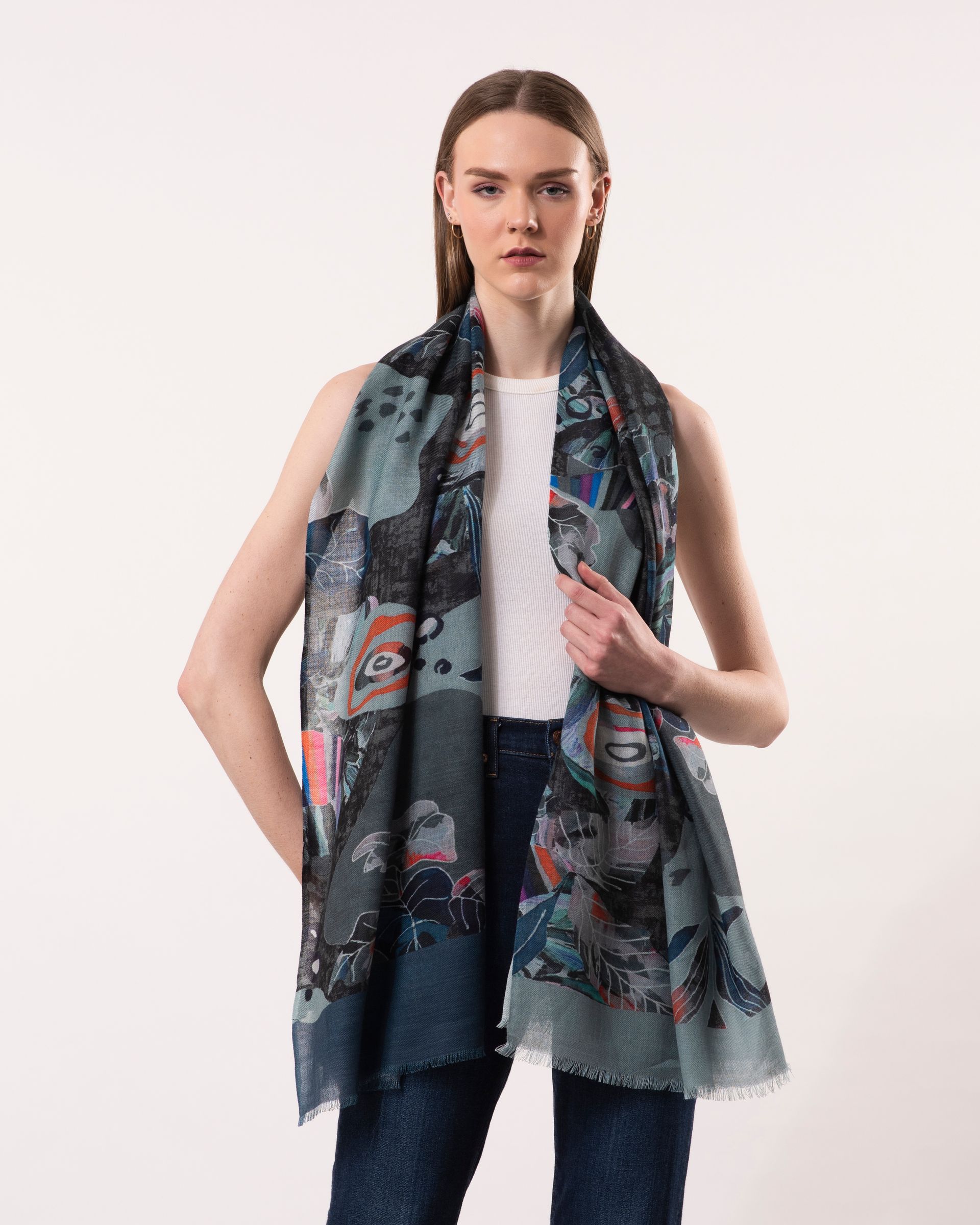 Isla Abstract Foliage Print Wool Modal Scarf