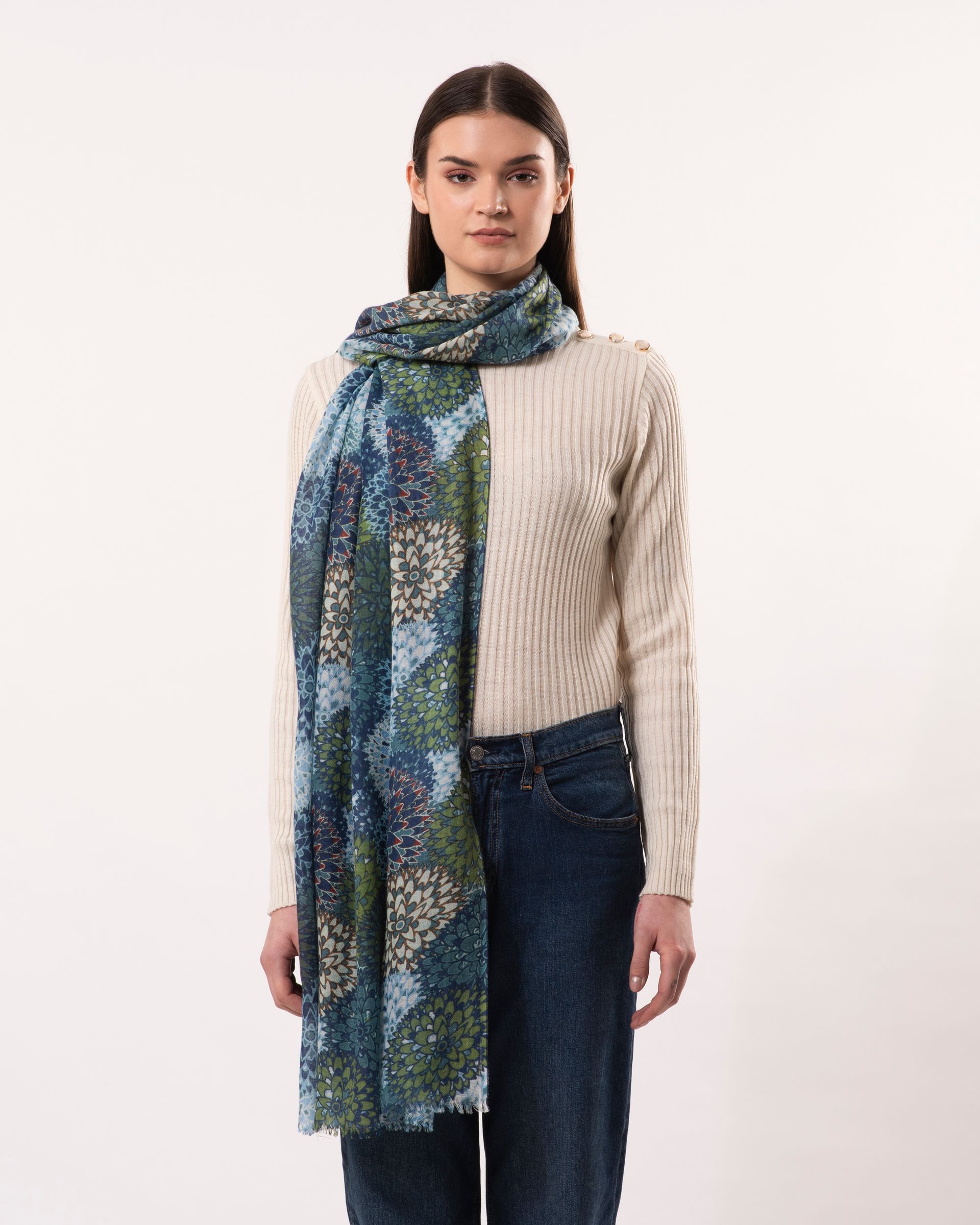 Aster Flower Design Merino Wool Scarf