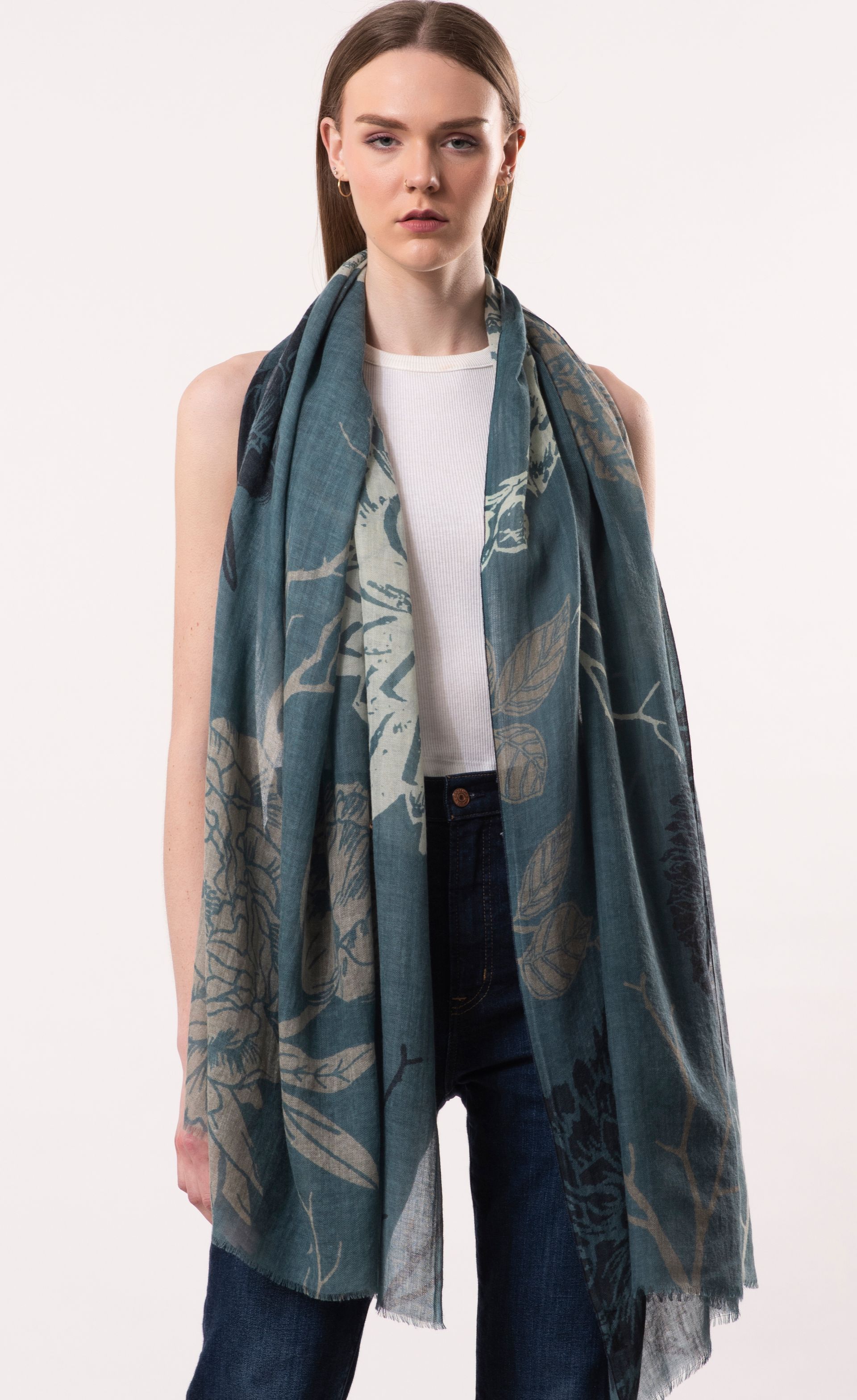 Dahlia Floral Print Pure Merino Wool Scarf