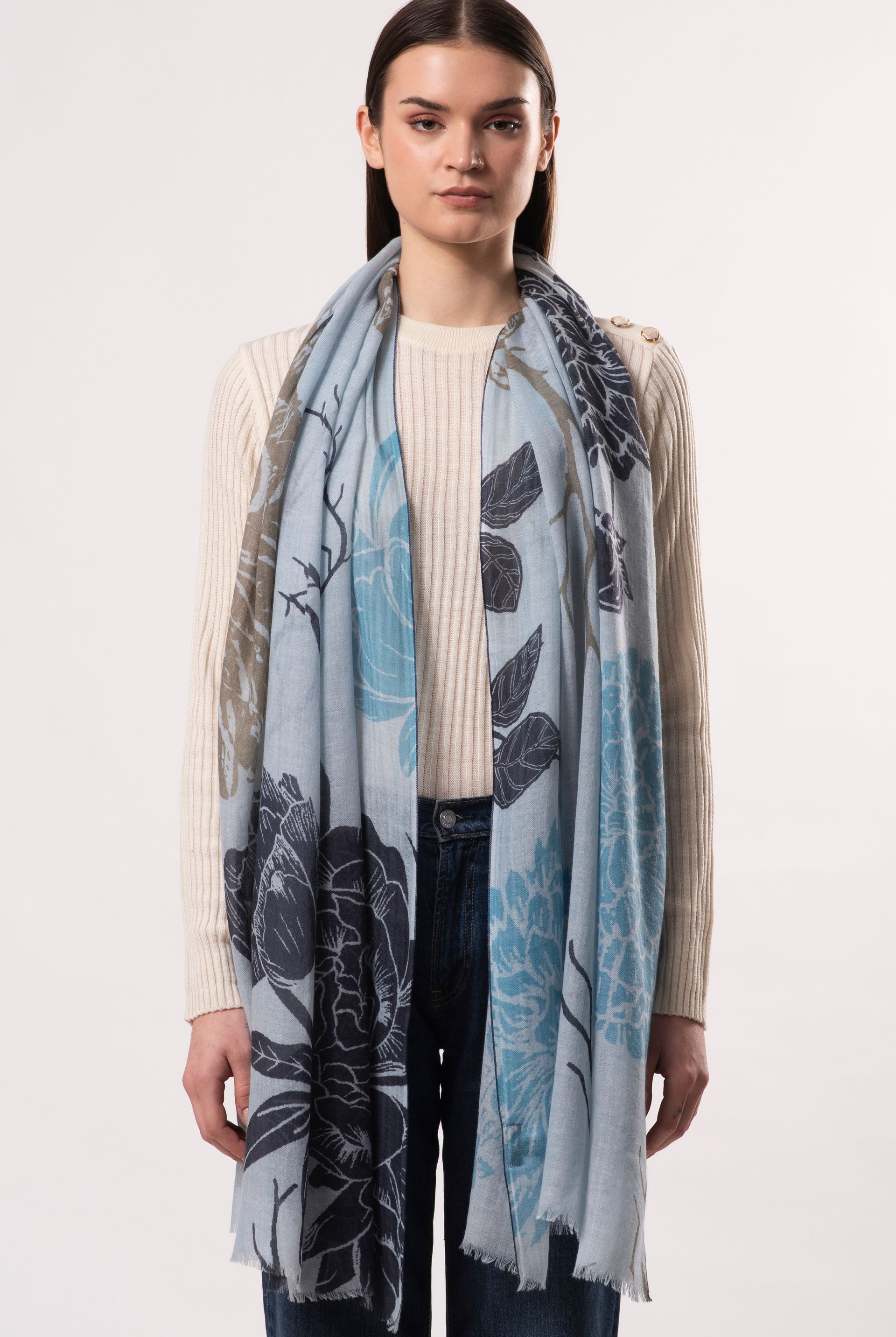 Dahlia Floral Print Pure Merino Wool Scarf
