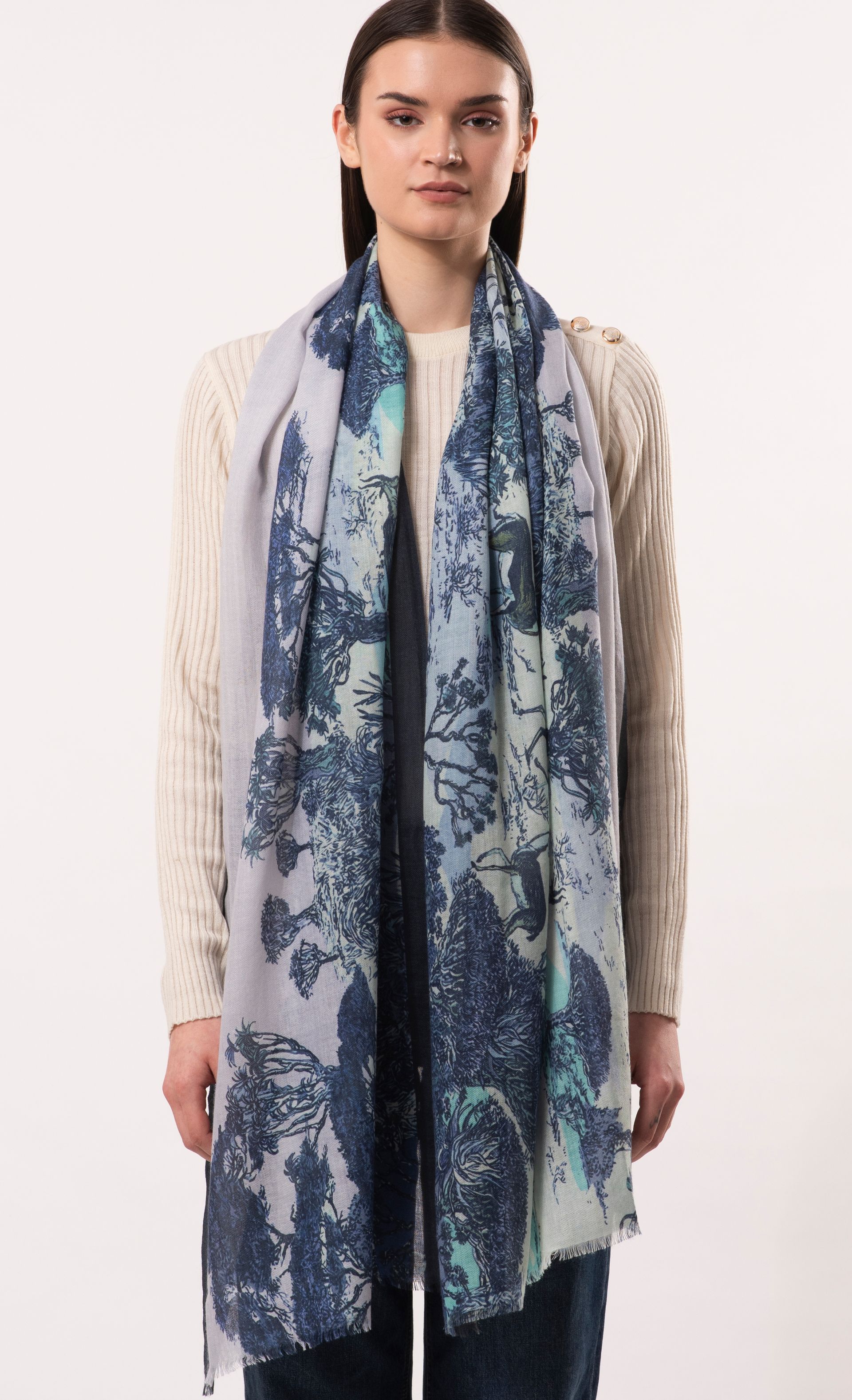 Nirvana Toile de Jouy Print Wool Silk Cashmere Blend Scarf
