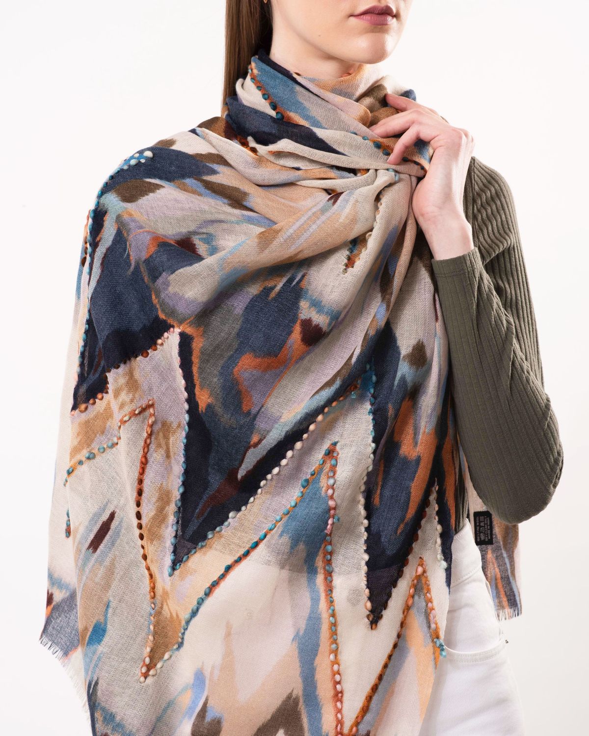 Sienna Chevron Design Embroidered Pure Wool Scarf