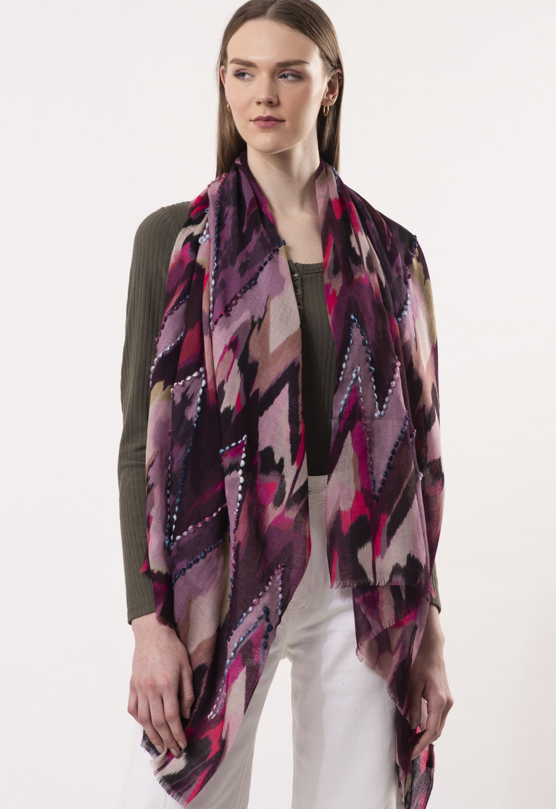 Sienna Chevron Design Embroidered Pure Wool Scarf