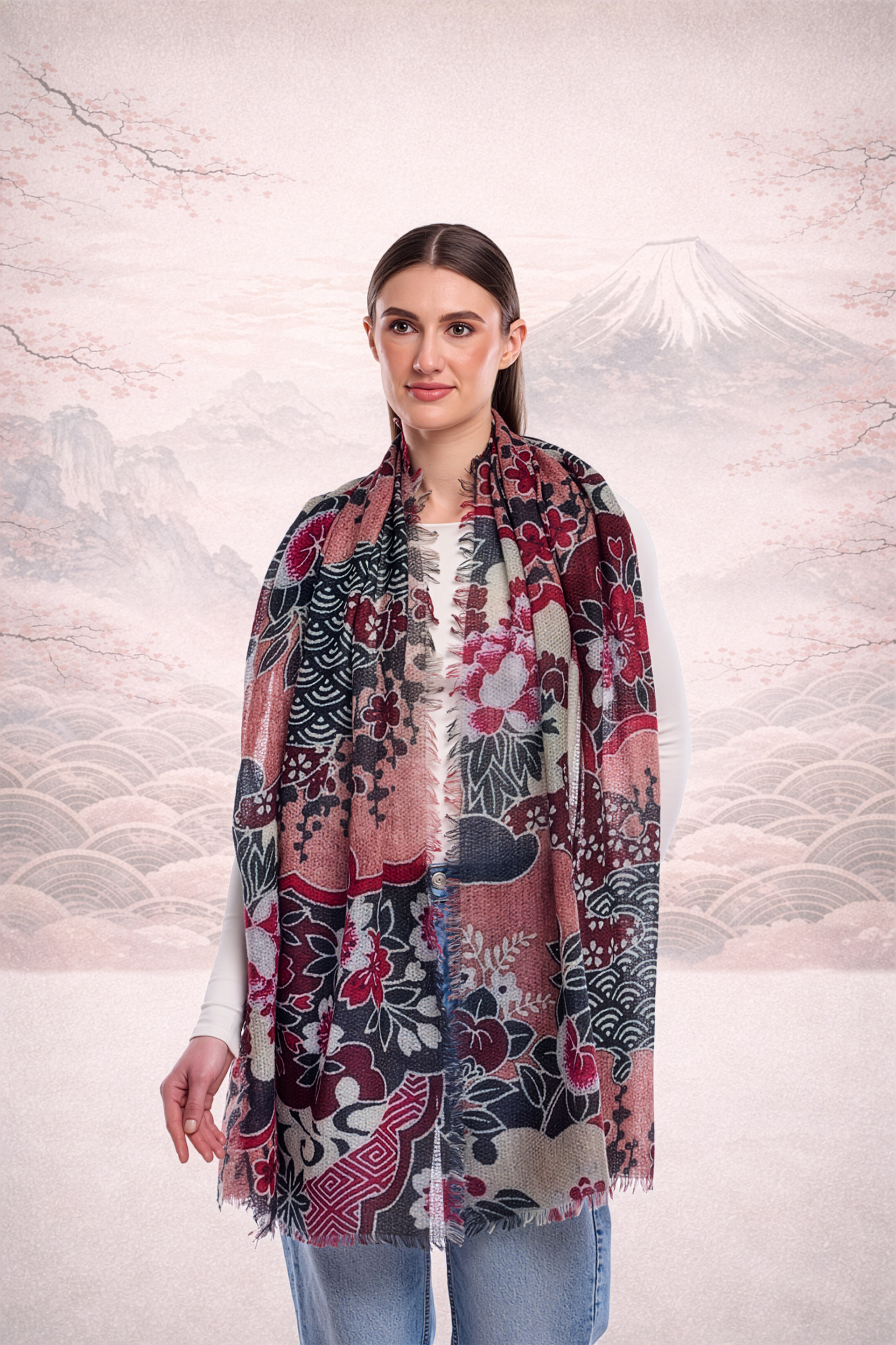 HANA Layered Motifs Design Merino Wool Scarf