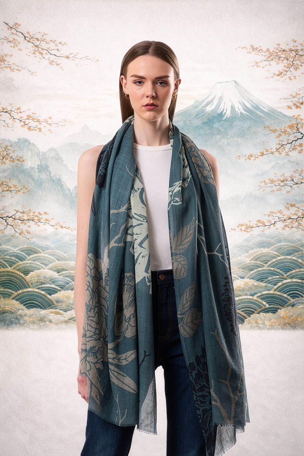 Dahlia Floral Print Pure Merino Wool Scarf