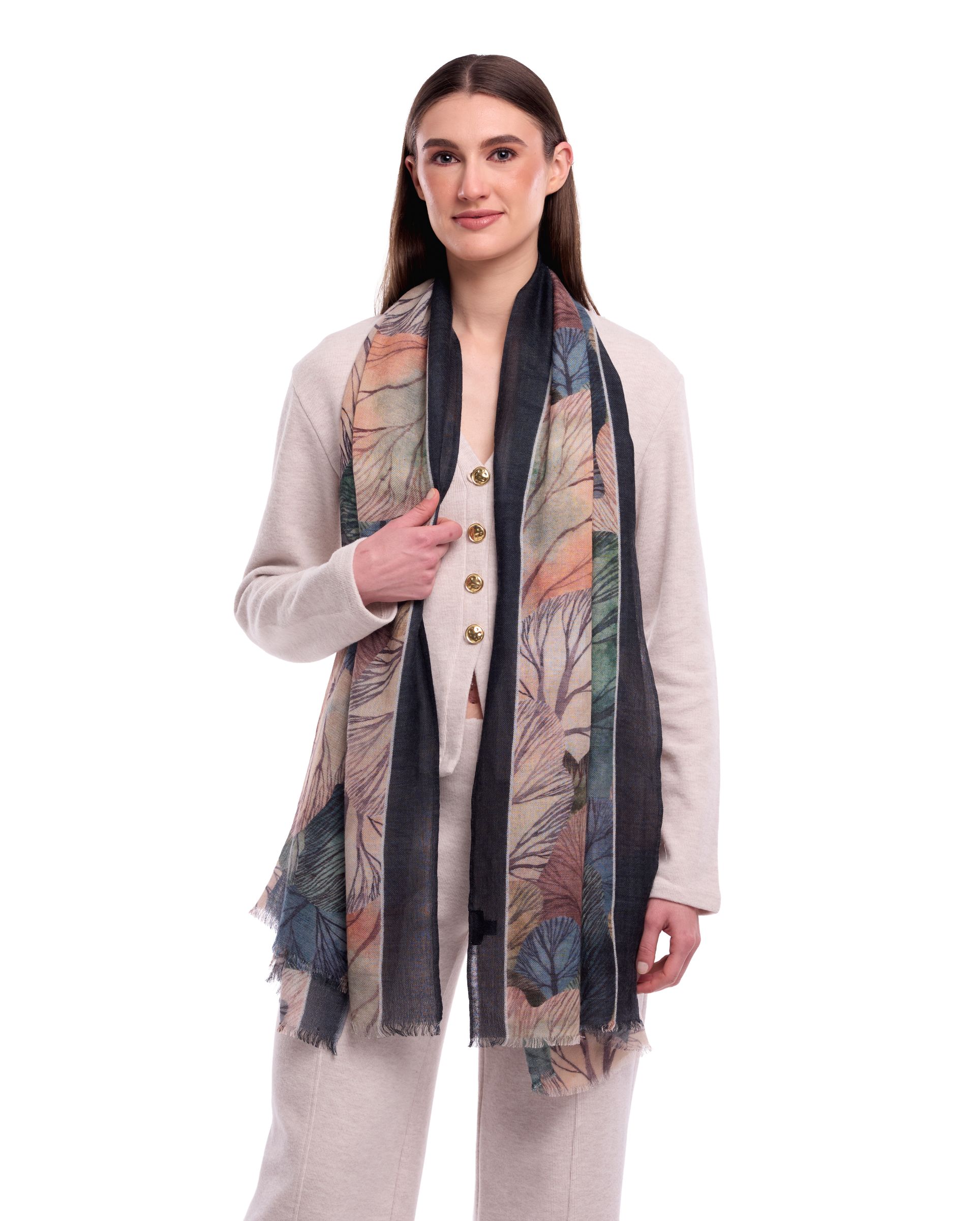Aura Foliage Print Wool Modal Scarf