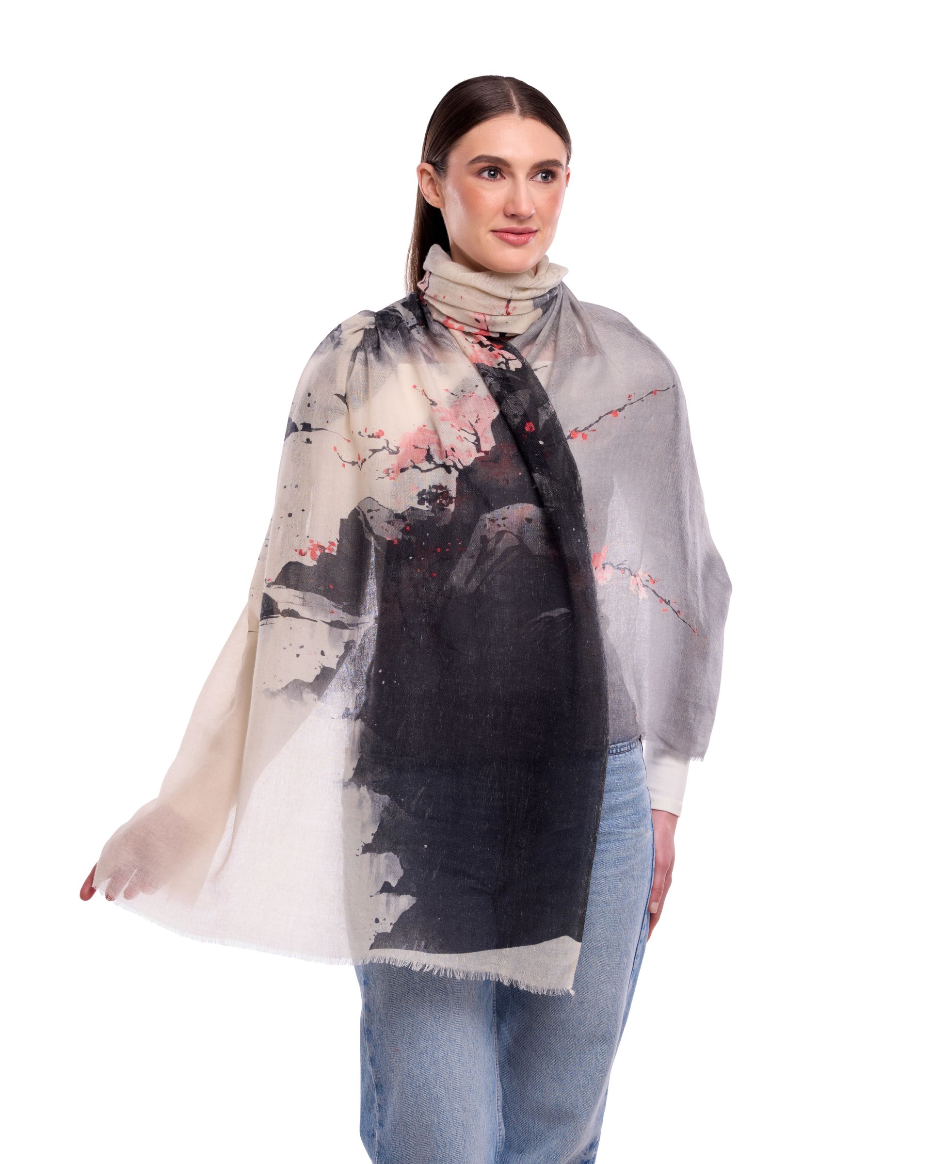 Miyu Landscape/Cherry Blossom Print Merino Wool Scarf