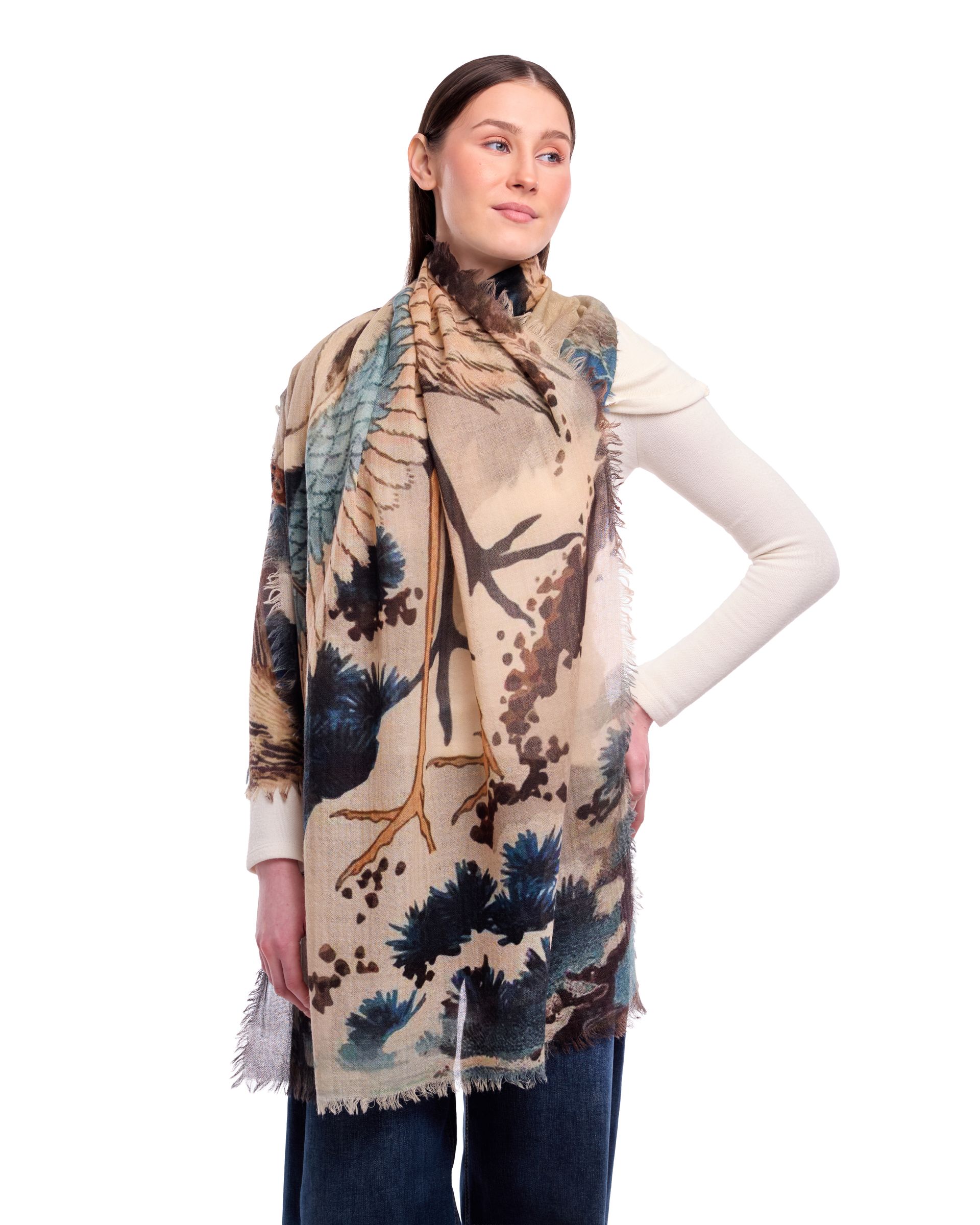 Sumi Abstract Landscape & Crane Print Merino Wool Scarf