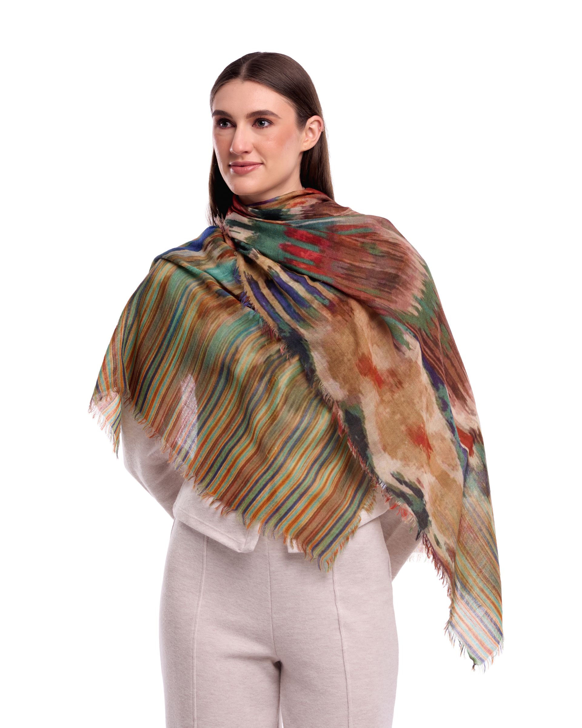 Ember Abstract Landscape & Crane Print Merino Wool Scarf