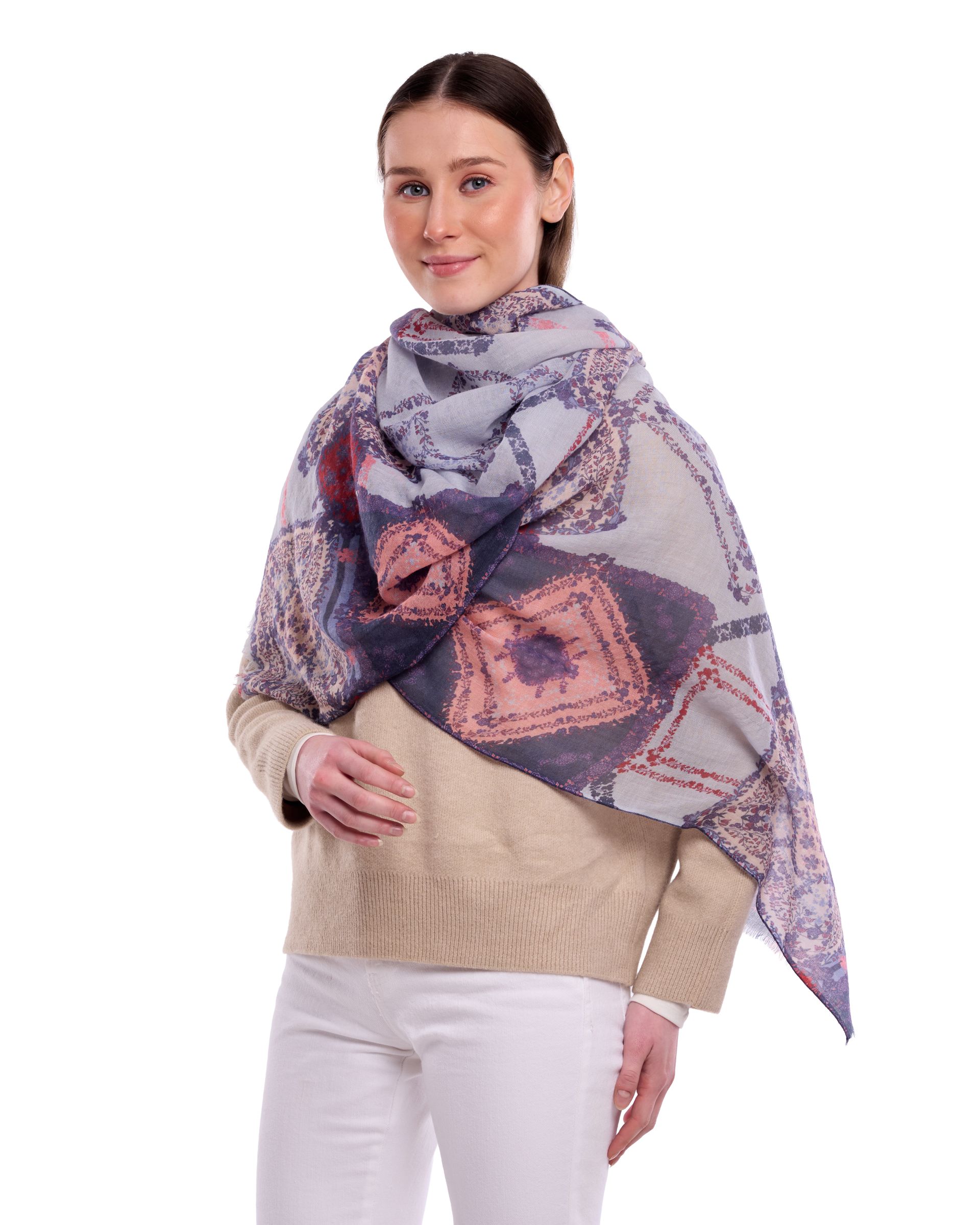 Delphine Geometric Layered Motifs Print Merino Wool Scarf