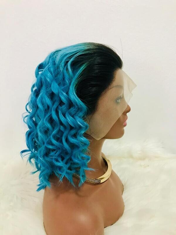14"  1B Blue-Loose-wave Bob Wig (13x4 Lace Front)