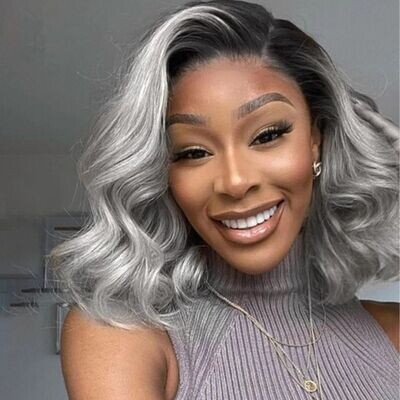 14&quot; 1B Gray-Loose-wave Bob Wig (13x4 Lace Front)