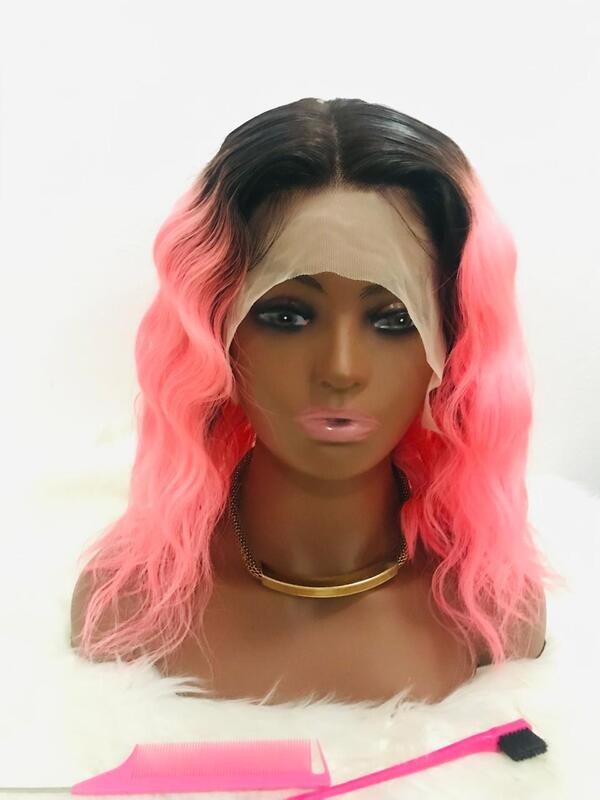 14&quot;  1B Pink-Loose-wave Bob Wig (13x4 Lace Front)