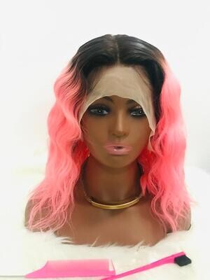 14&quot;  1B Pink-Loose-wave Bob Wig (13x4 Lace Front)