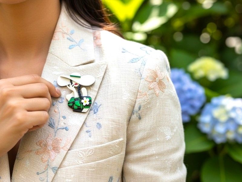 Broche Acrylique élégante et tendance avec chapeau blanc et ensemble vert